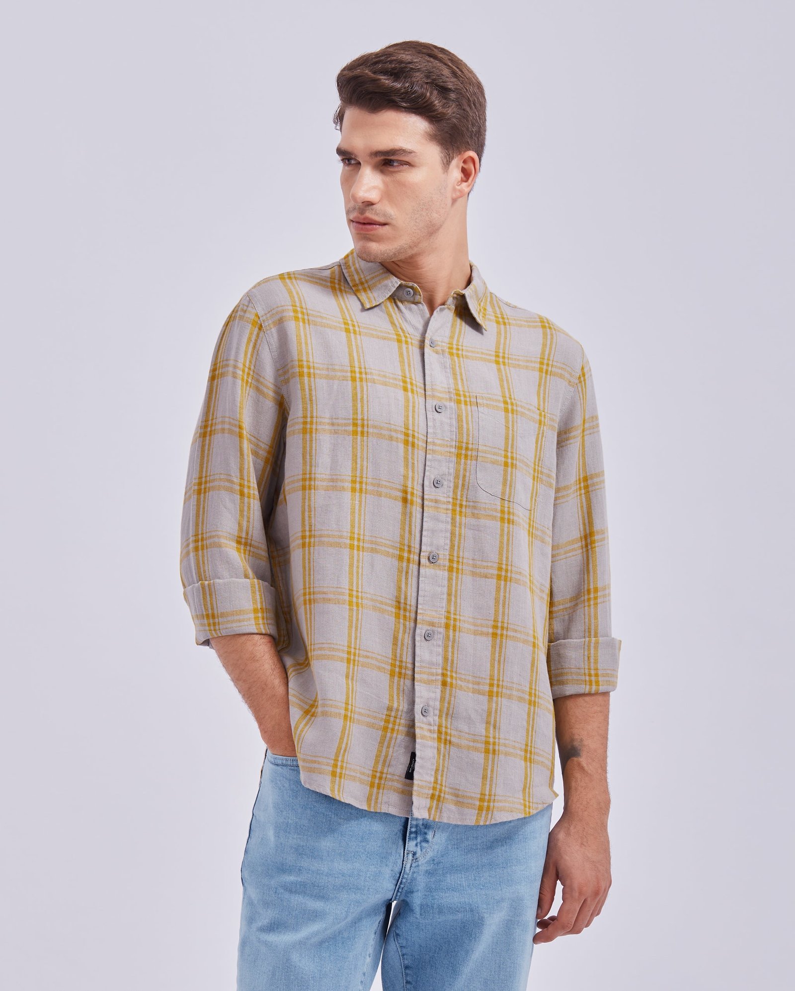 Grey And Yellow Linen Check Shirt - Image 3