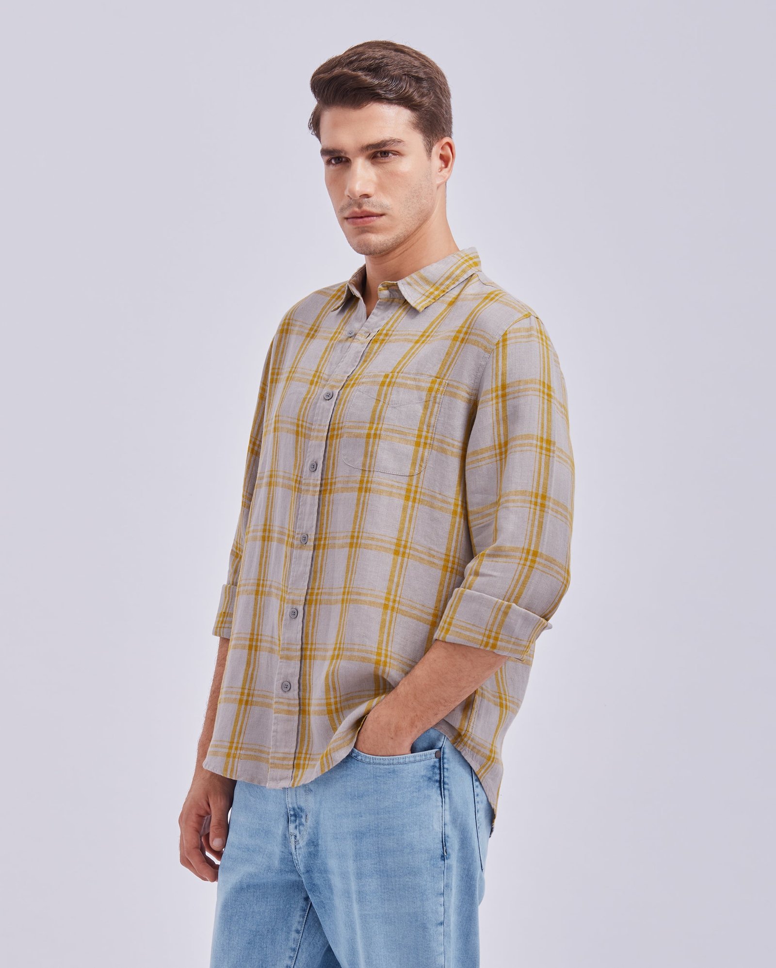 Grey And Yellow Linen Check Shirt